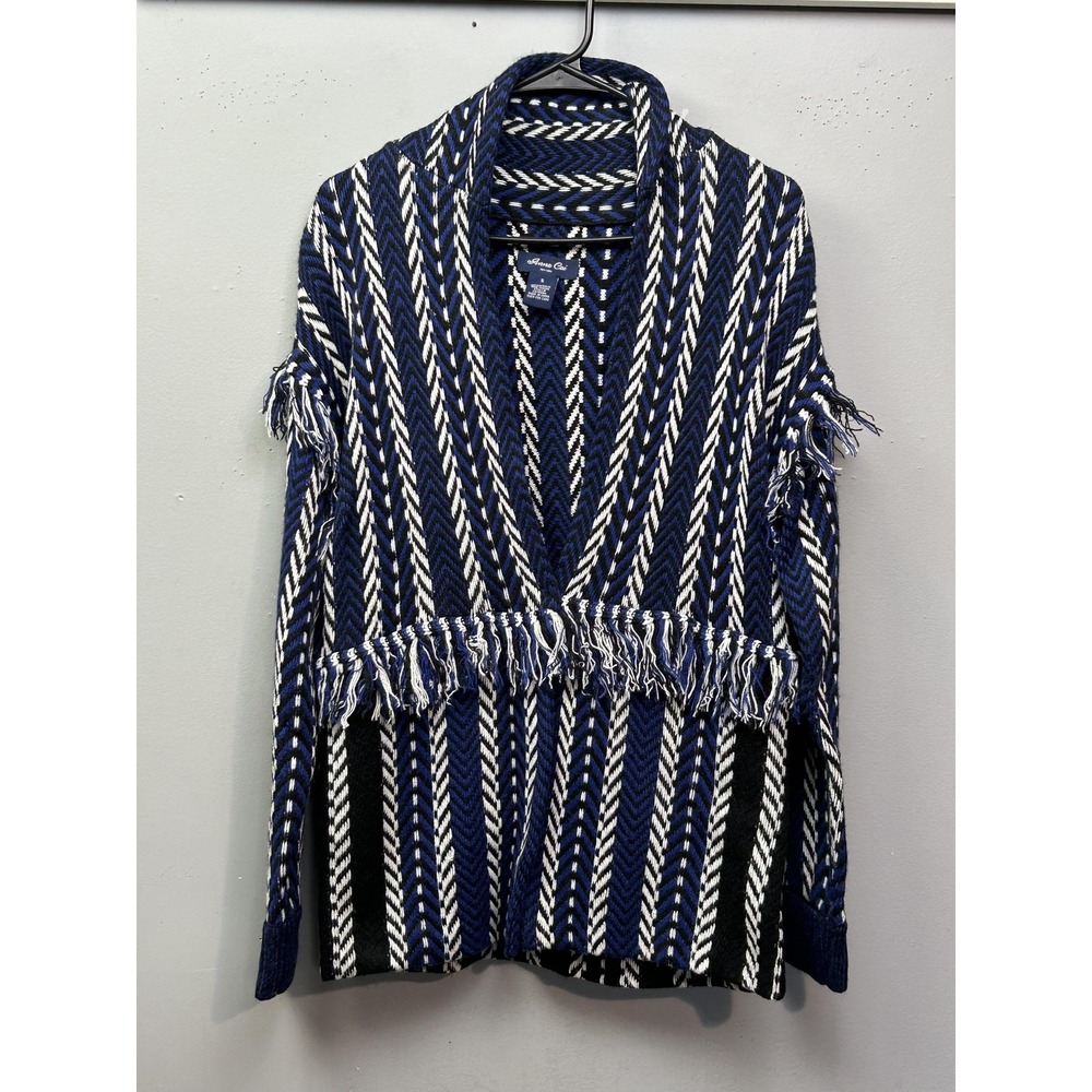 Anna Cai Cardigan Sweater Womens‎ Small Blue Black Fringe Herringbone Knit